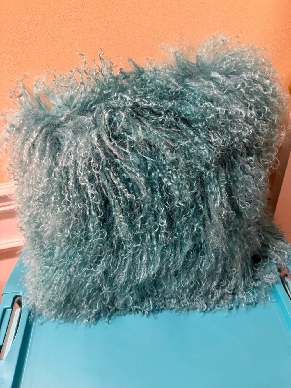 Brand New Teal Curly Lamb Fur Throw Pillow